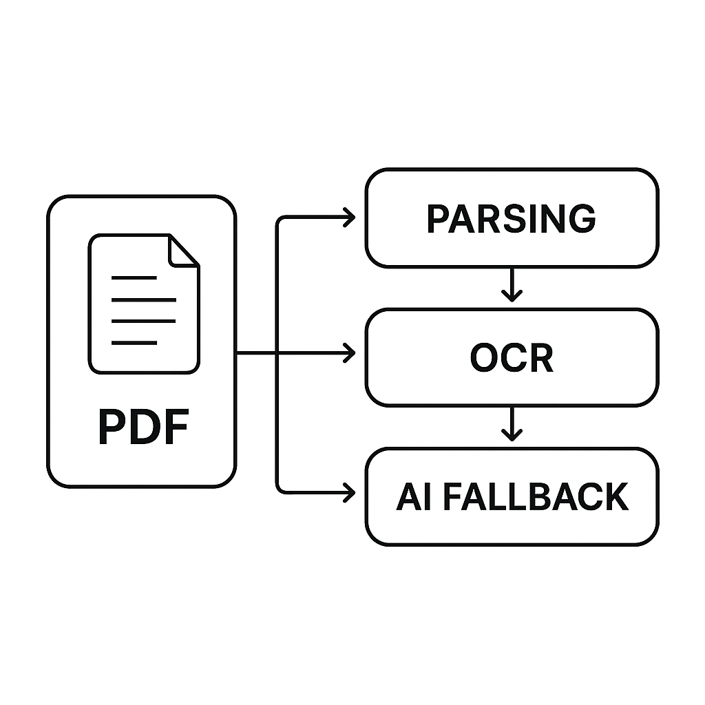 Schematische Darstellung von PDF-Verarbeitung mit Parser, OCR und KI-Fallback